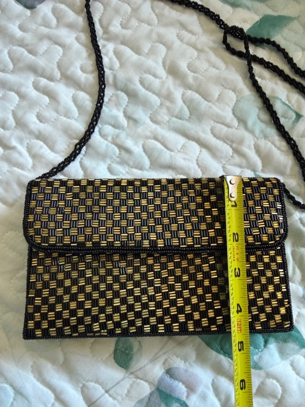 Vintage Beaded Checkerboard Clutch Crossbody Bag Gold Black Art Deco